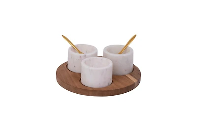 Hello Honey® Round Acacia Wood Board with Marble Pinch Pots & Spoons Set