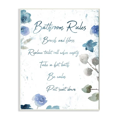 Stupell Industries Bathroom Rules Watercolor Flower Word Design Wood Wall Plaque
