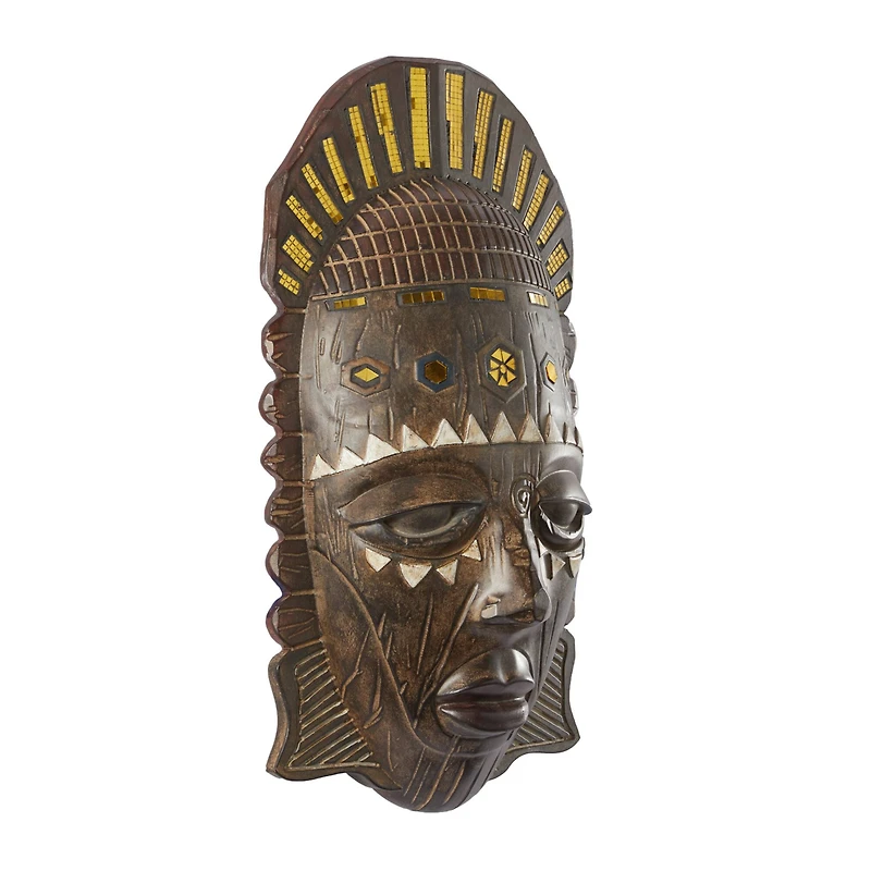 Brown Polystone Primitive African Mask Sculpture 11" x 20" x 6"