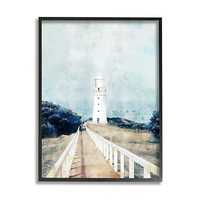 Stupell Industries White Lighthouse Boardwalk Rocky Cliff Coastal Landscape Water Framed Wall Art