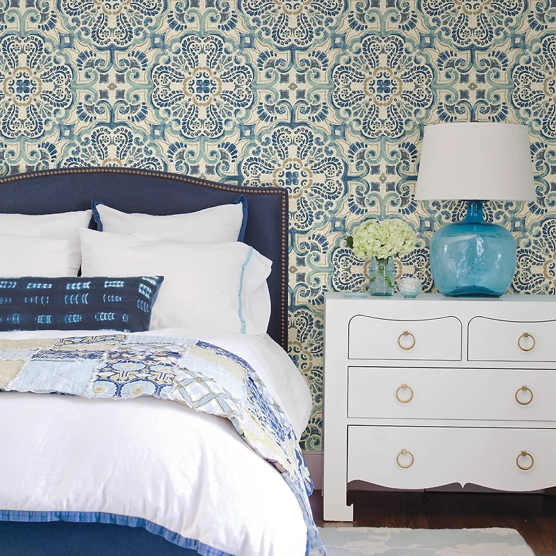 NuWallpaper Blue Florentine Tile Peel & Stick Wallpaper