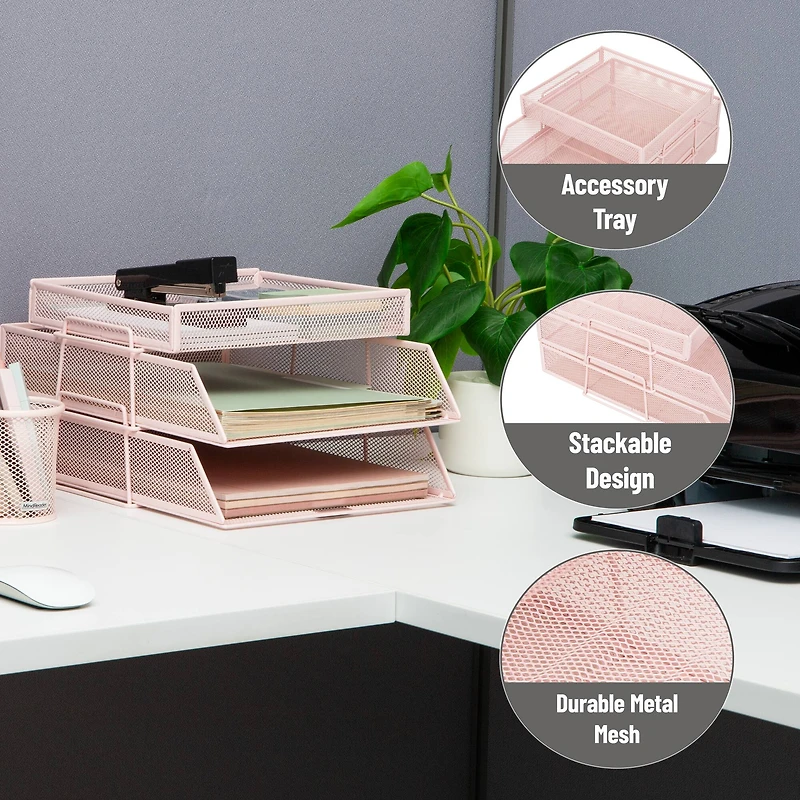 Mind Reader 2 Tier Paper Tray with Top Supply Compartment, Desktop File Organizer, Metal Mesh