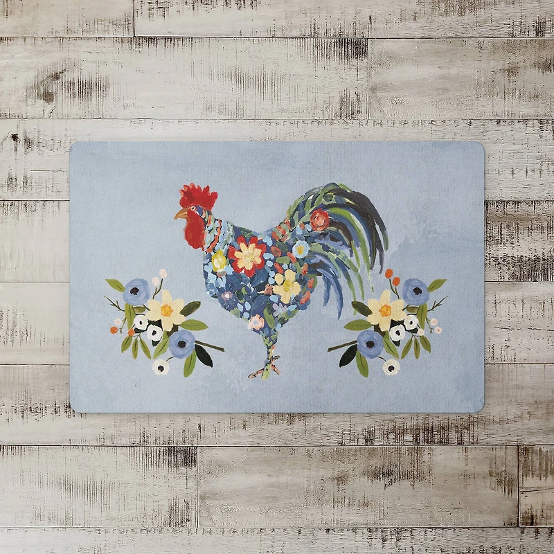18" x 27" Floral Rooster Collage Blue Floor Mat