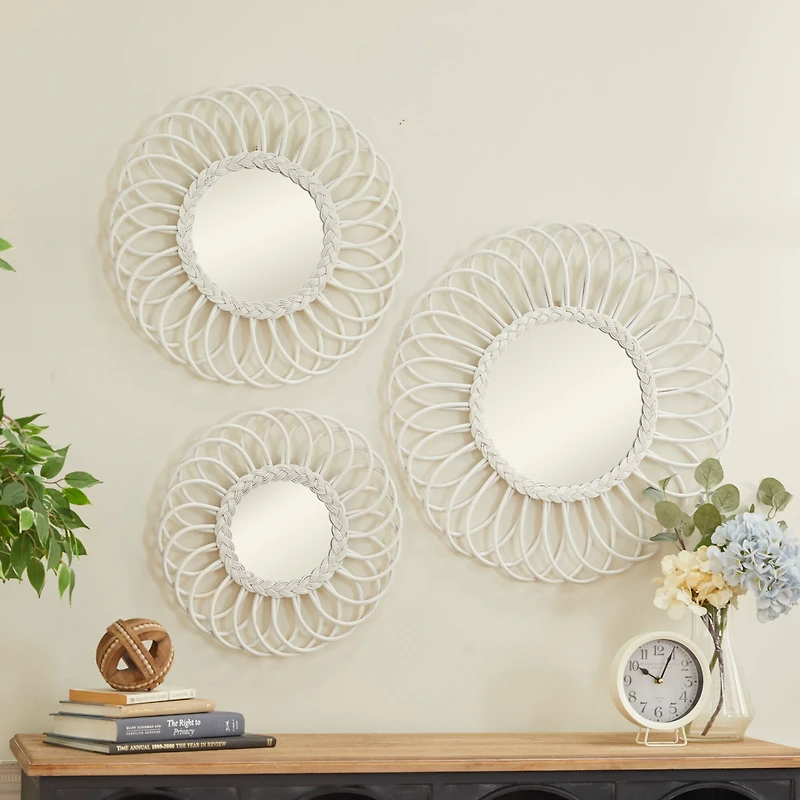 White Woven Rattan Round Wall Mirrors Set