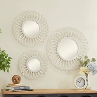 White Woven Rattan Round Wall Mirrors Set