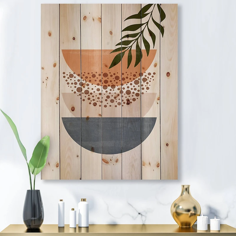 Designart - Abstract Geometrical Sun and Moon With Leaf III - Modern Print on Natural Pine Wood