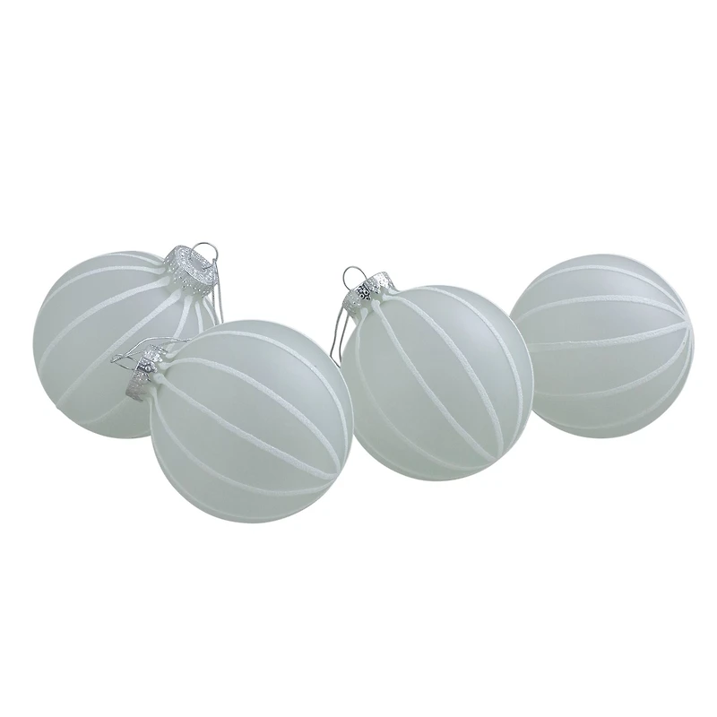 4ct. 3.5" Frosted Glitter White Striped Glass Ball Ornaments