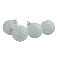 4ct. 3.5" Frosted Glitter White Striped Glass Ball Ornaments