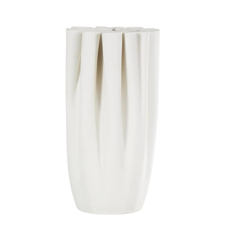 White Ceramic Abstract Ribbed Dimensional Folded Vase with Compact Wavy Rim