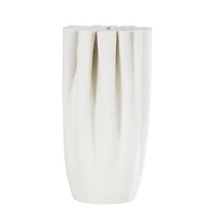 White Ceramic Abstract Ribbed Dimensional Folded Vase with Compact Wavy Rim