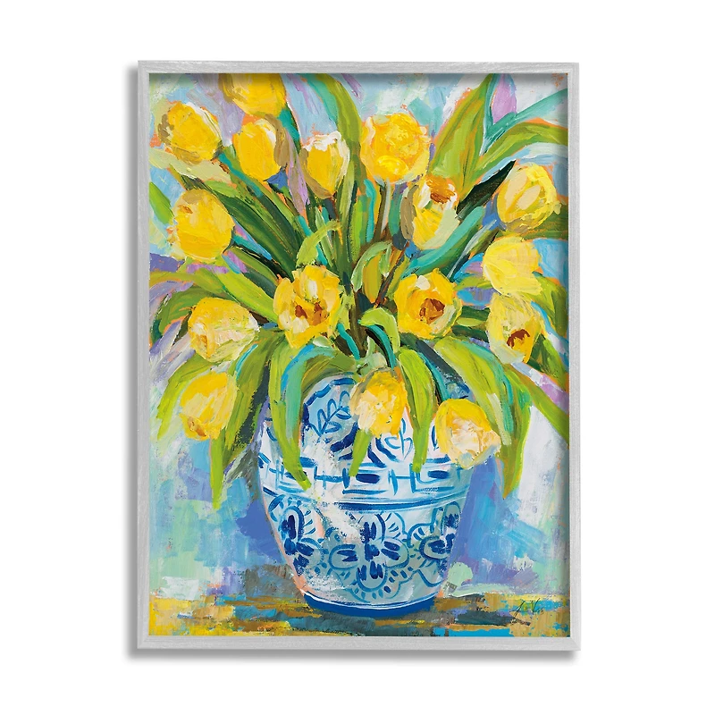 Stupell Industries Expressive Yellow Tulips in Ornate Blue Vase Painting Framed Wall Art