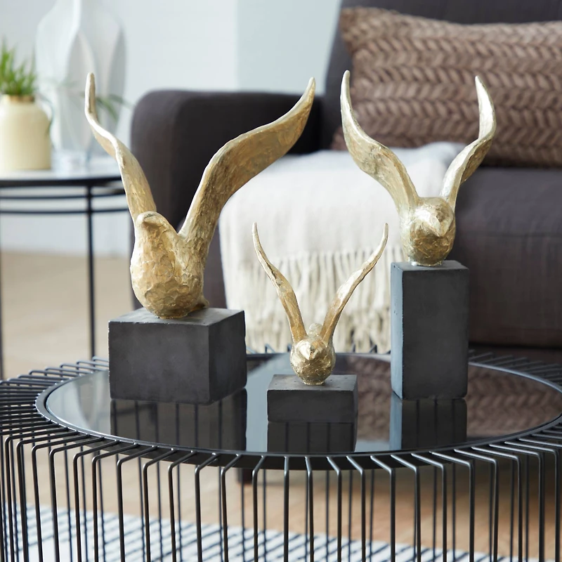 Set of 3 Gold Polystone Birds Sculpture 14", 15", 9"