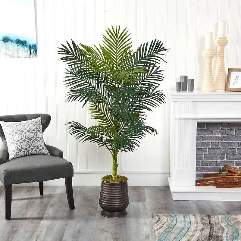 5.16ft. Golden Cane Palm Tree in Ribbed Metal Planter