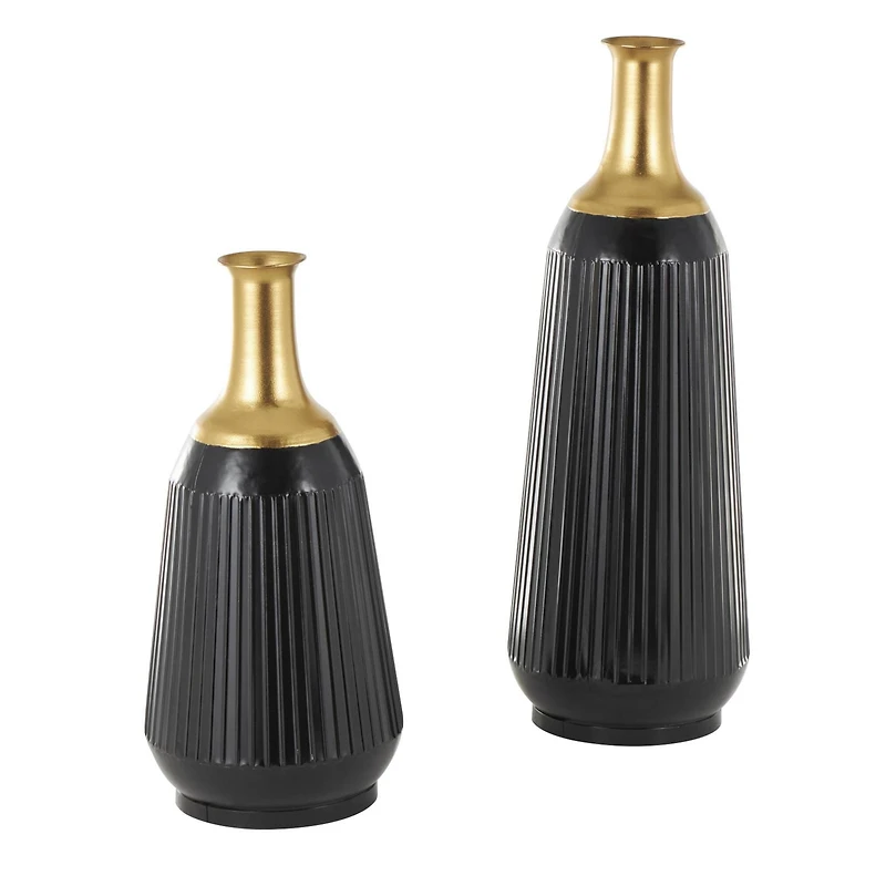 Black Metal Tall Ribbed Decorative Vase Set with Gold Tops