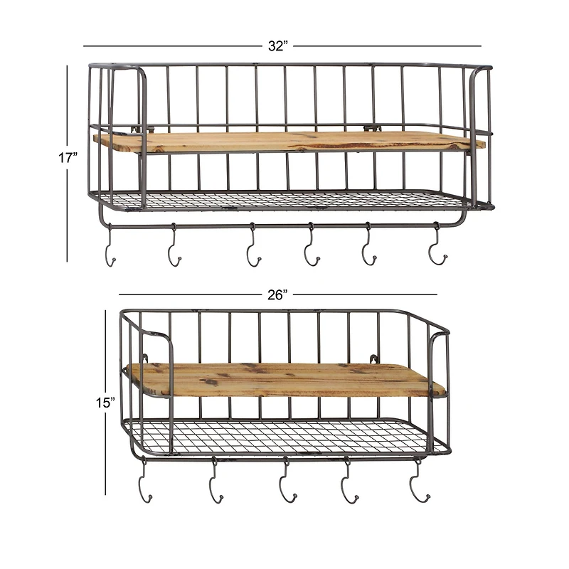 Set of 2 Silver Metal Basket & Wooden Wall Shelf Units With Hooks