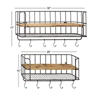 Set of 2 Silver Metal Basket & Wooden Wall Shelf Units With Hooks