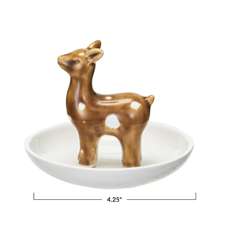 Hello Honey® 4.25" White & Brown Decorative Stoneware Dish with Deer & Reactive Glaze