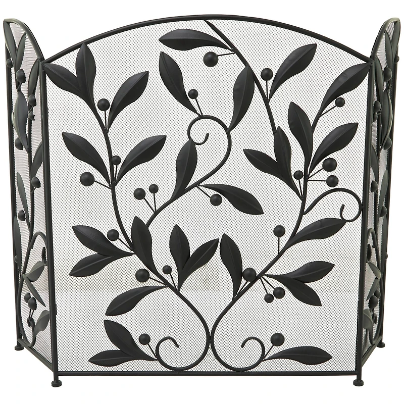 Black Metal Foldable Mesh Netting 3 Panel Scroll Fireplace Screen with Leaf and Vine Relief 45" x 1" x 30"
