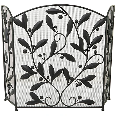 Black Metal Foldable Mesh Netting 3 Panel Scroll Fireplace Screen with Leaf and Vine Relief 45" x 1" x 30"