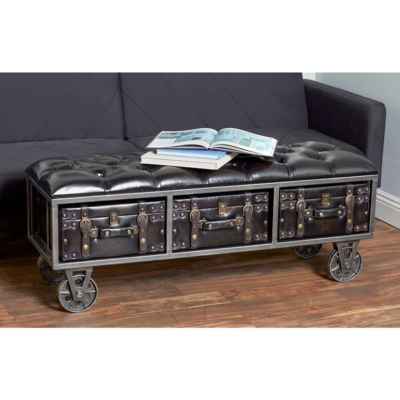 Industrial Rectangular Black Faux Leather and Wood Storage Bench, 19" x 47" x 16"