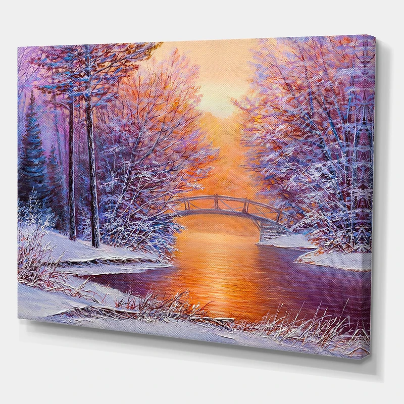 Designart - Bridge Over The River In Winter Landscape