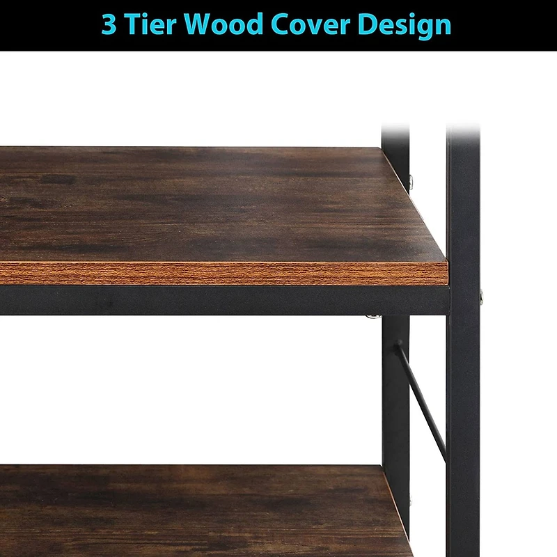 Rustic Brown Wood Kitchen Carts 3-Tier Rolling Rack with 10 Hooks