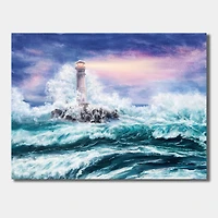 Designart - Lighthouse Wild Blue Ocean Waves