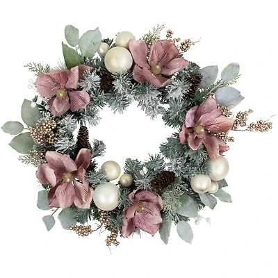 24" Artificial Christmas Decorated Floral Frosted Pine Wreath
