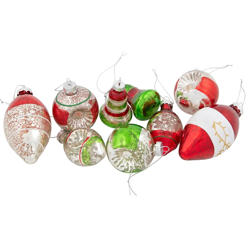 9ct. 3.25" 2-Finish Silver, Red & Green Glass Ornaments