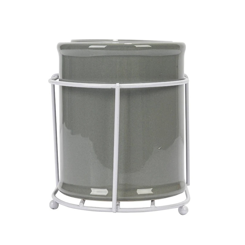 Hello Honey® 11.5" Gray Farmhouse Ceramic Crocks in White Metal Holder