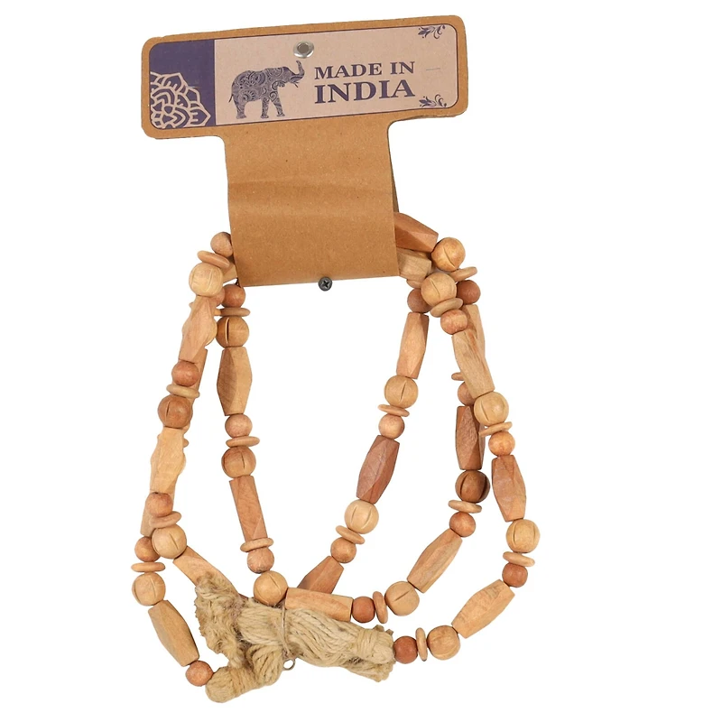 7ft. Brown Mango Wood Handmade Rectangle Carved Geometric Long Beaded Garland with Tassel