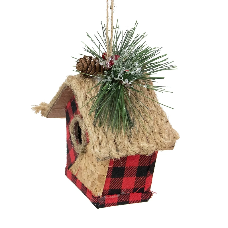 Buffalo Plaid Hanging Bird House Christmas Ornament - 5.75" - Red and Black