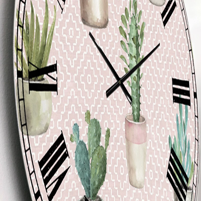 Designart 'Potted Cactus On Pink Geometrical Pattern Traditional Wall Clock
