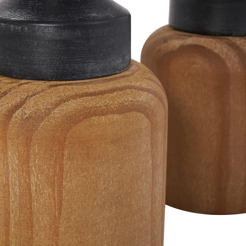 Black Metal Turned Style Pillar Candle Holder with Brown Wood Bases Set