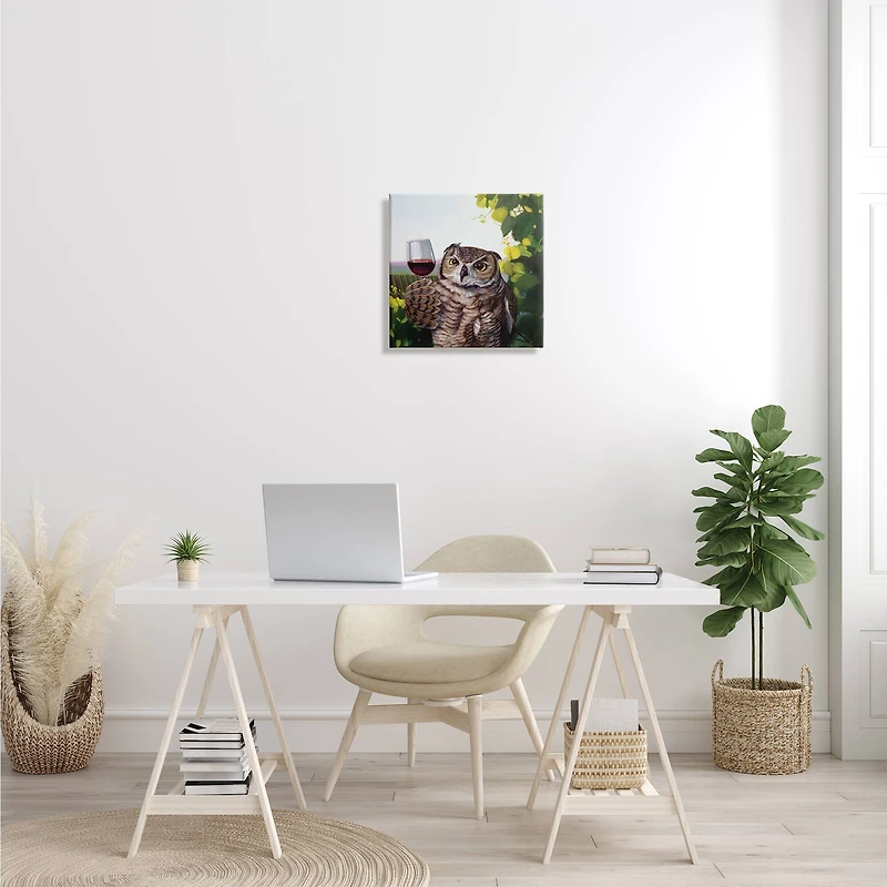 Stupell Industries Great Horned Owl Drinking Red Wine Vineyard Bird Canvas Wall Art