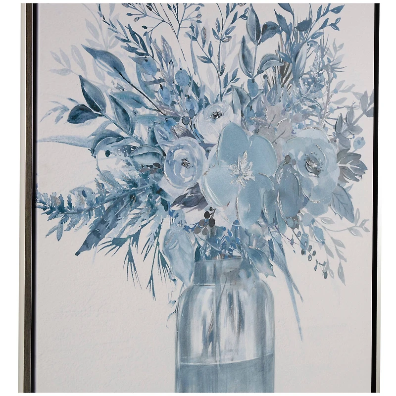 30" x 40" Blue Canvas Floral Bouquet Framed Wall Art with Silver Frame