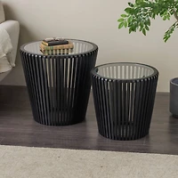 Black Wood Cage Inspired Accent Table with Clear Glass Tabletop Set