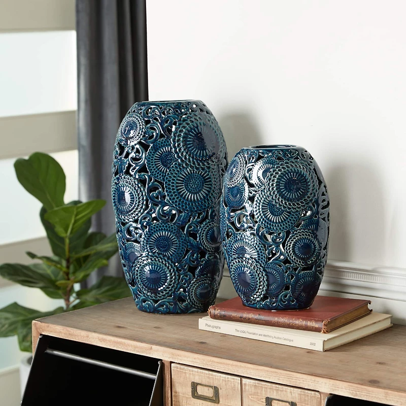 Blue Stoneware Eclectic Vase Set