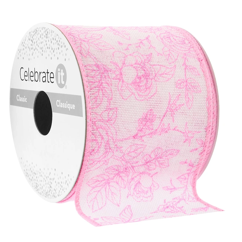 2.5" x 3yd. Wired Pink Floral Faux Linen Ribbon by Celebrate It®