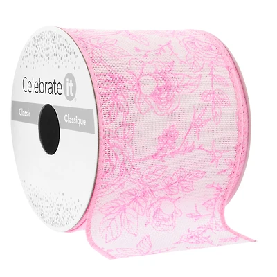 2.5" x 3yd. Wired Pink Floral Faux Linen Ribbon by Celebrate It®