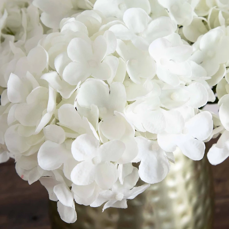 11" White Hydrangea Arrangement in Gold Metal Vase