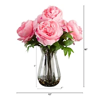 16" Light Pink Peony Arrangement in Glass Vase