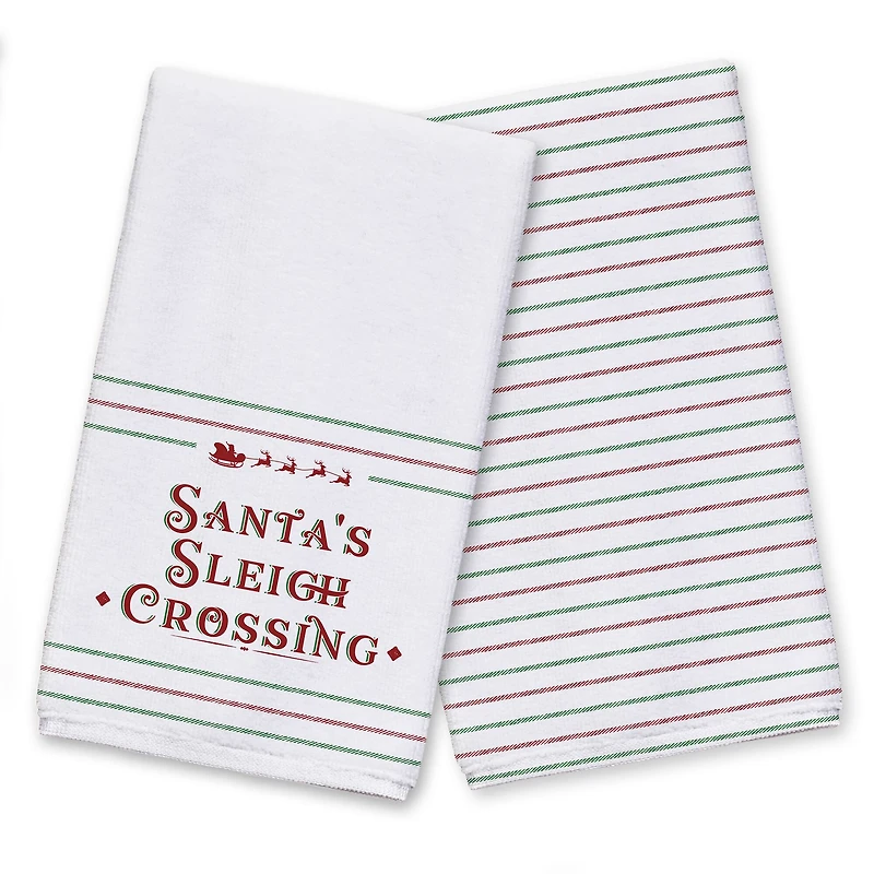 Santas Sleigh Crossing Stripes Tea Towels - Set of 2