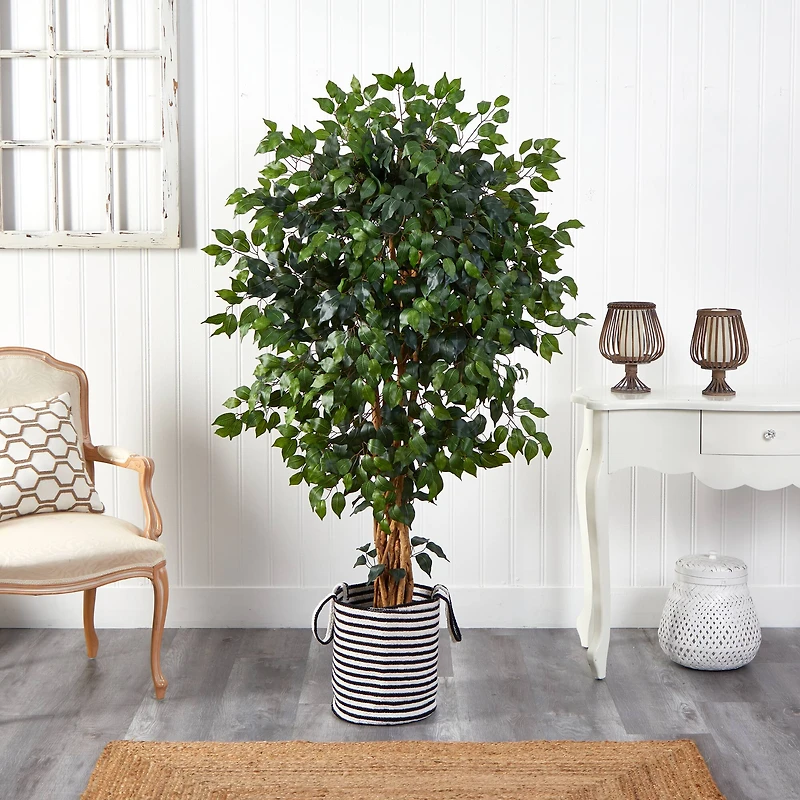 5.5ft. Palace Ficus Artificial Tree in Handmade Black and White Natural Jute and Cotton Planter