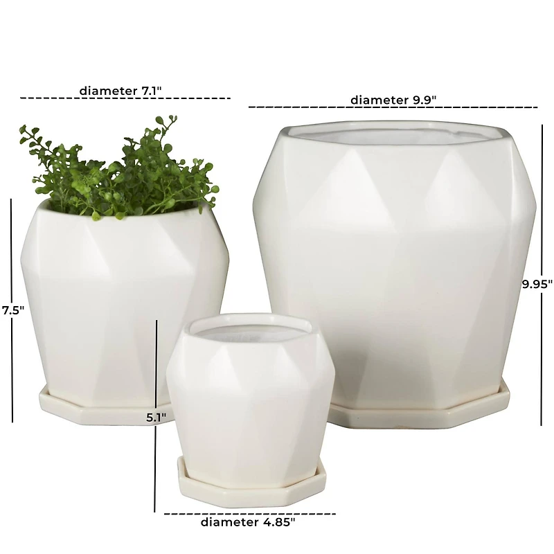 White Faceted Ceramic Planter Set