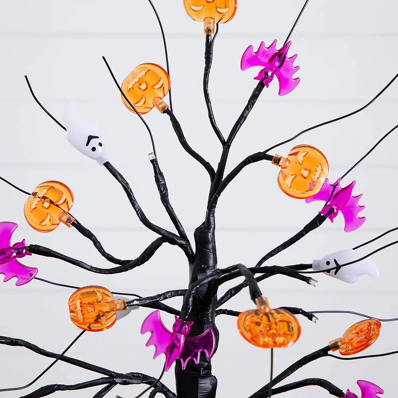 18in. Pre-Lit Artificial Halloween Ghost, Bats & Pumpkins 24 LED Lighted Ornament Tree