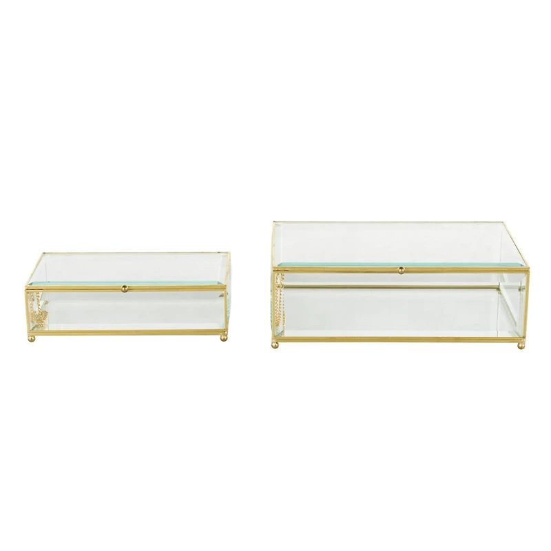 Clear & Gold Beveled Glass & Metal Rectangle Footed Jewelry Box with Chain Accent Set