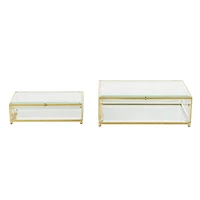Clear & Gold Beveled Glass & Metal Rectangle Footed Jewelry Box with Chain Accent Set