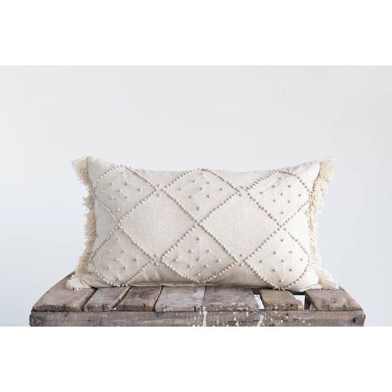 Diamond Design & Fringed Ends Cotton & Linen Lumbar Pillow