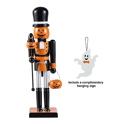 Glitzhome® 18.5"H Halloween Wooden Pumpkin Nutcracker with Ghost Ornament